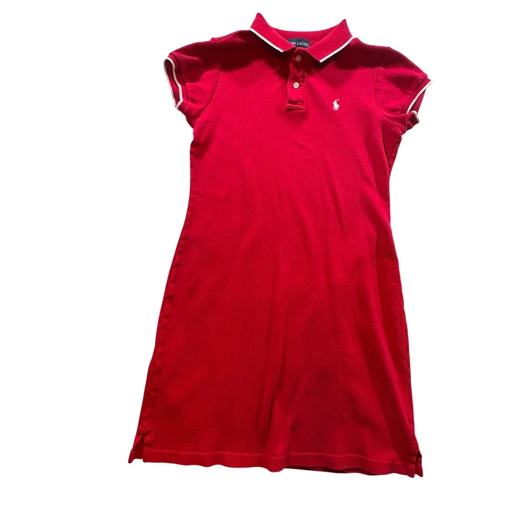 Ralph Lauren Polo Dress Girls Large Red Cotton Short Sleeve Tipped Collar Pony